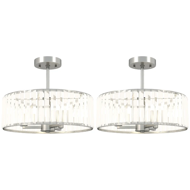 HOMCOM Crystal Ceiling Light Fixture Set of 2, Semi Flush Mount Modern Chandelier for Living Room, Bedroom and Hallway, 3-Lights with E14 Base, Silver Tone