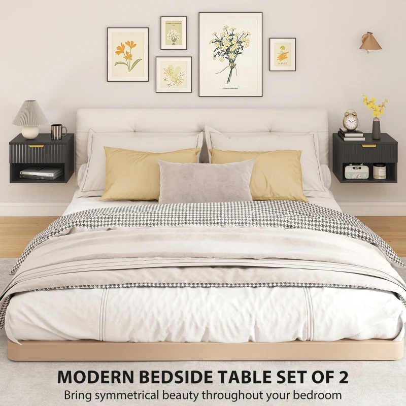 HOMCOM Floating Nightstands Set of 2, Modern Wall Mounted Bedside Tables, Black