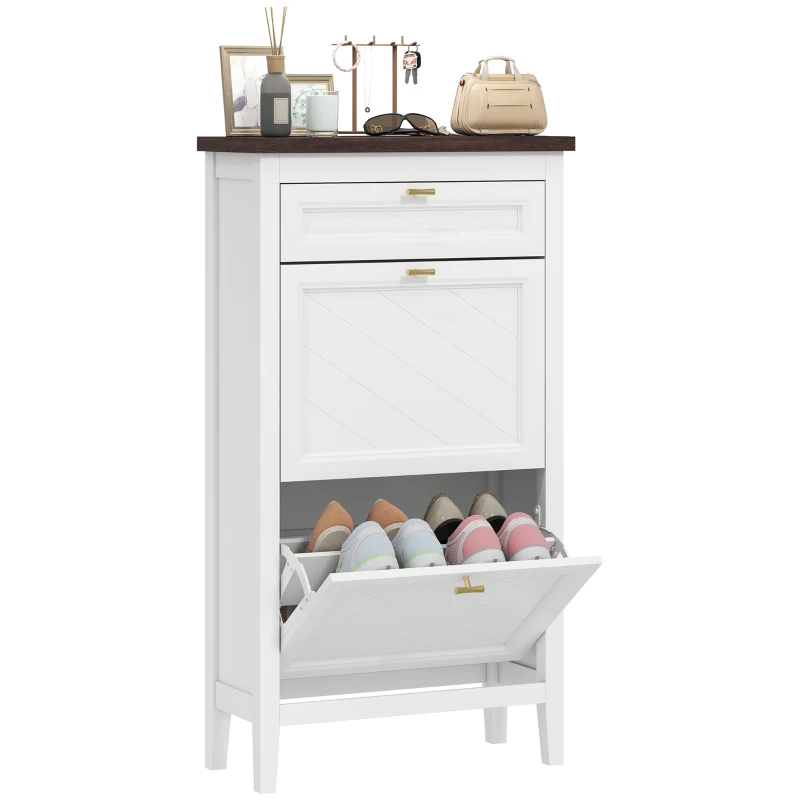 HOMCOM Shoe Cabinet with 2 Flip Drawers, Farmhouse Narrow Shoe Storage Cabinet with Adjustable Shelves, White