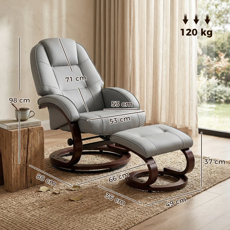 HOMCOM Swivel Recliner Chair with Footstool, PU Leather Recliner Armchair with Adjustable Back and Wood Frame, Grey