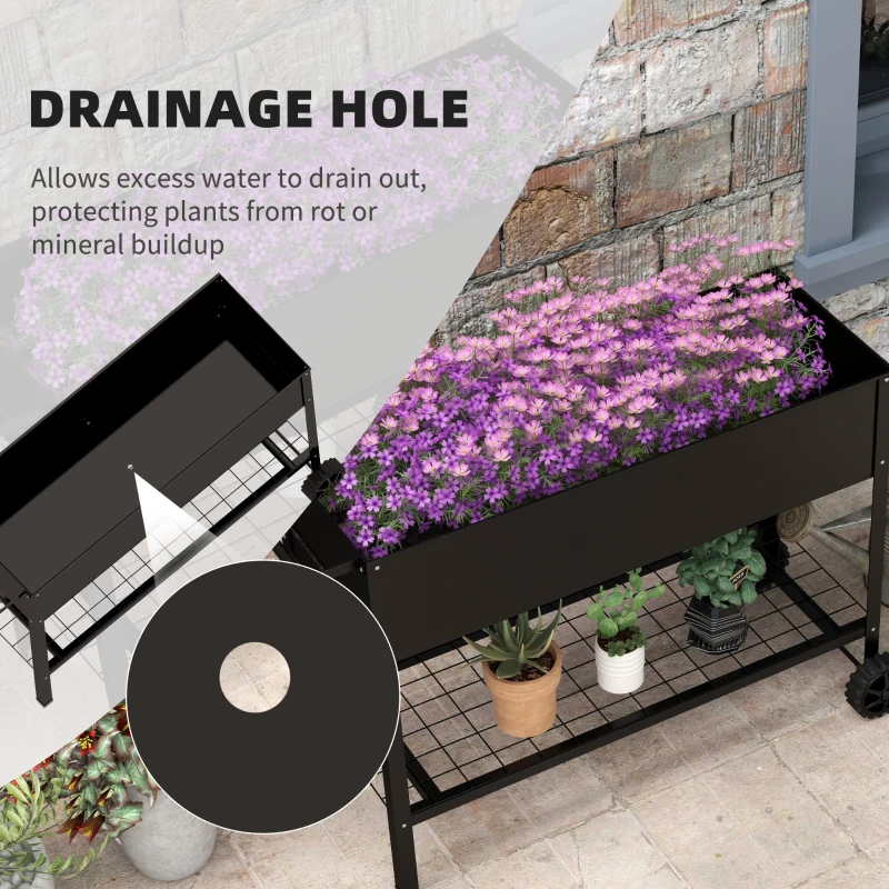 Outsunny Raised Garden Planter on Legs dim. 109L x 39l x 80H cm Shelf 2 Wheels + Irrigation Insert Metal Black