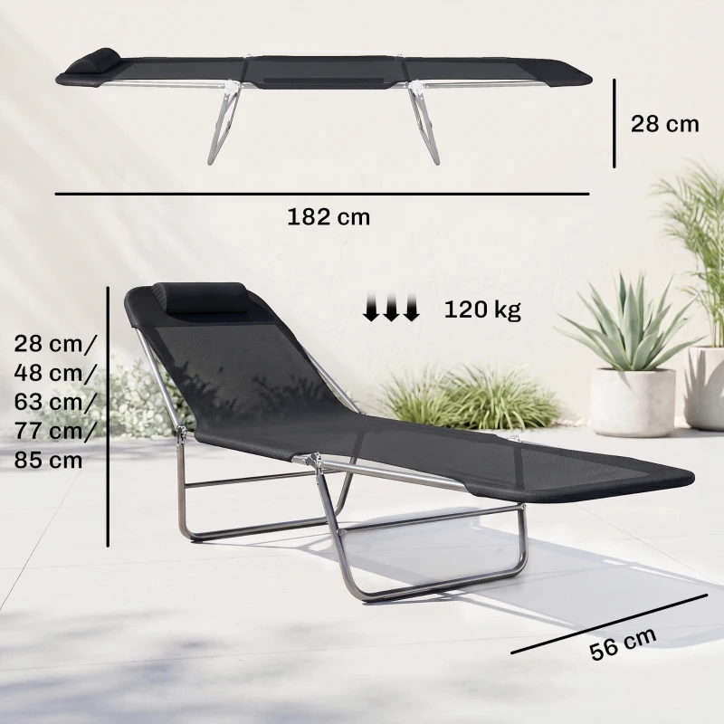 Outsunny Outdoor Foldable Sun Lounger, Garden 6 Level Adjustable Backrest Recliner Sun Lounger Chair with Headrest Pillow, Black