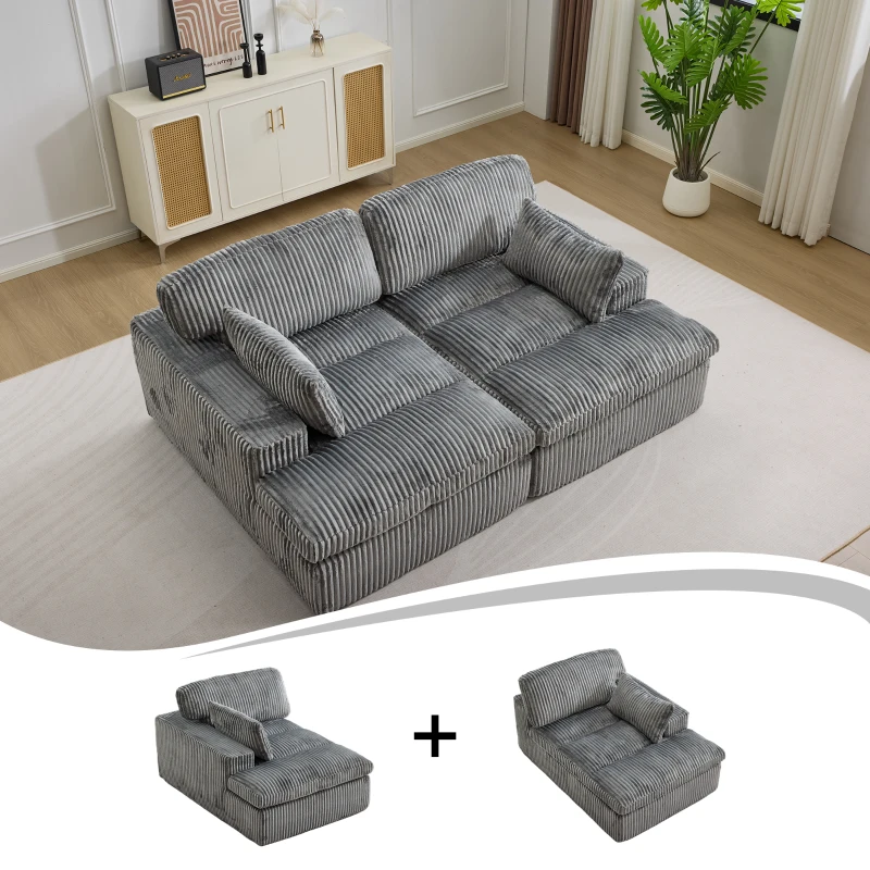 Doppelter Chaiselongue-Sessel für den Innenbereich, übergroße gepolsterte Cloud-Schlafcouch, luxuriöses Schlafsofa mit tiefem Sitz, Sofa-Chaiselongue mit Anbausofa, Lesesessel aus Cord für das Wohnzimmer, keine Montage erforderlich, grau