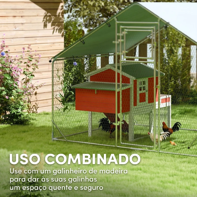 PawHut Galinheiro para Exterior 3x2 m Galinheiro de Aço Galvanizado com Comedouro Suspenso Tipo Espeto Poleiro Anti-UV Prata