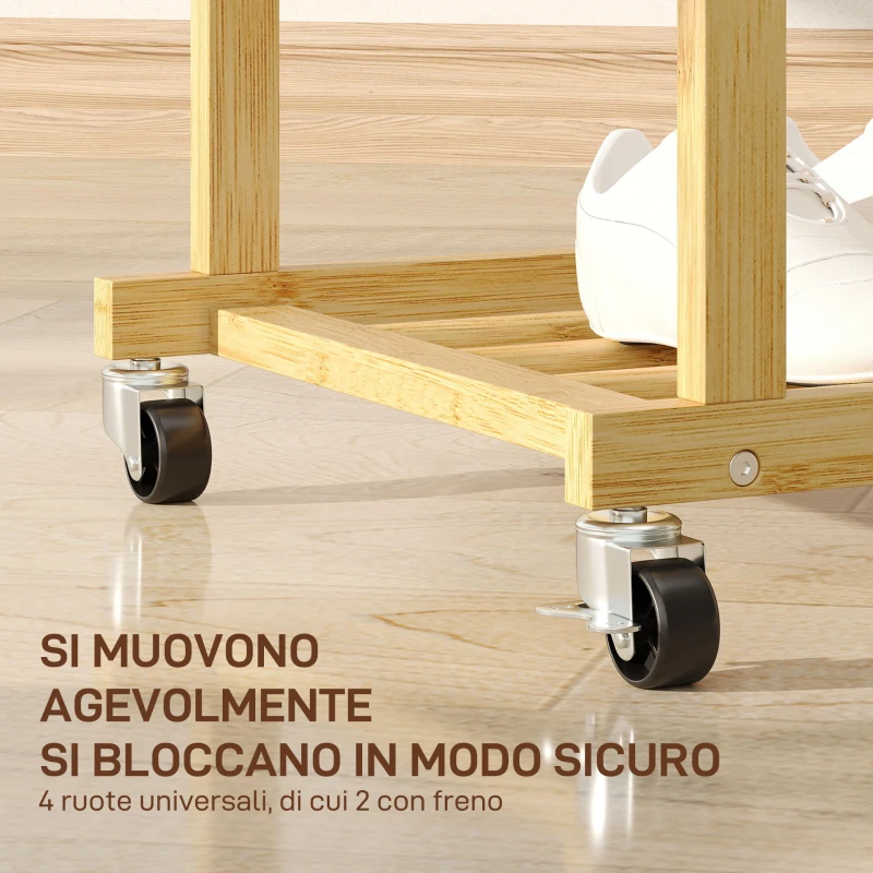 HOMCOM Stender Appendiabiti con 2 Barre, Ripiano Inferiore e 4 Ruote in Bambù, 80x40x160 cm, Legno Naturale