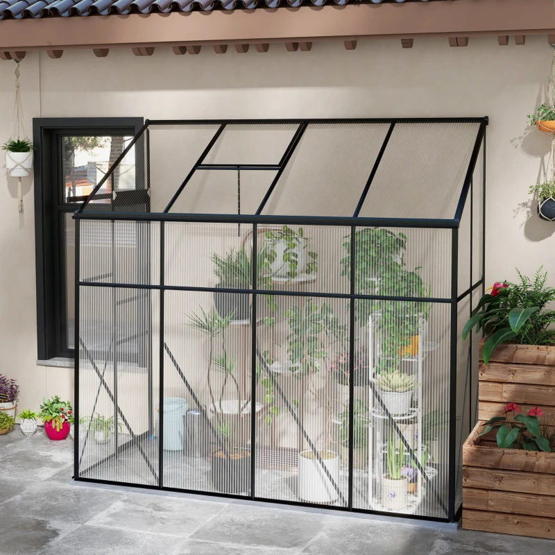 Outsunny Serre adossée, serre de jardin polycarbonate, avec porte coulissante, évent de toit, fondation, 127 x 253 x 240 cm noir(m-10)