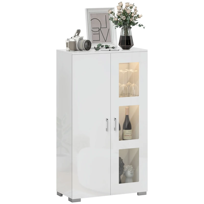 HOMCOM Buffet avec LED RGB 16 couleurs et télécommande, haute brillance, portes vitrées, étagères en verre, 71x35x126cm, blanc