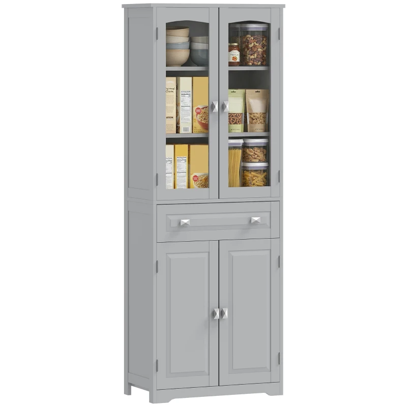 HOMCOM Freestanding Kitchen Cupboard, Storage Cabinet with 2 Adjustable Shelves, Drawer and Glass Door for Living Room, Grey