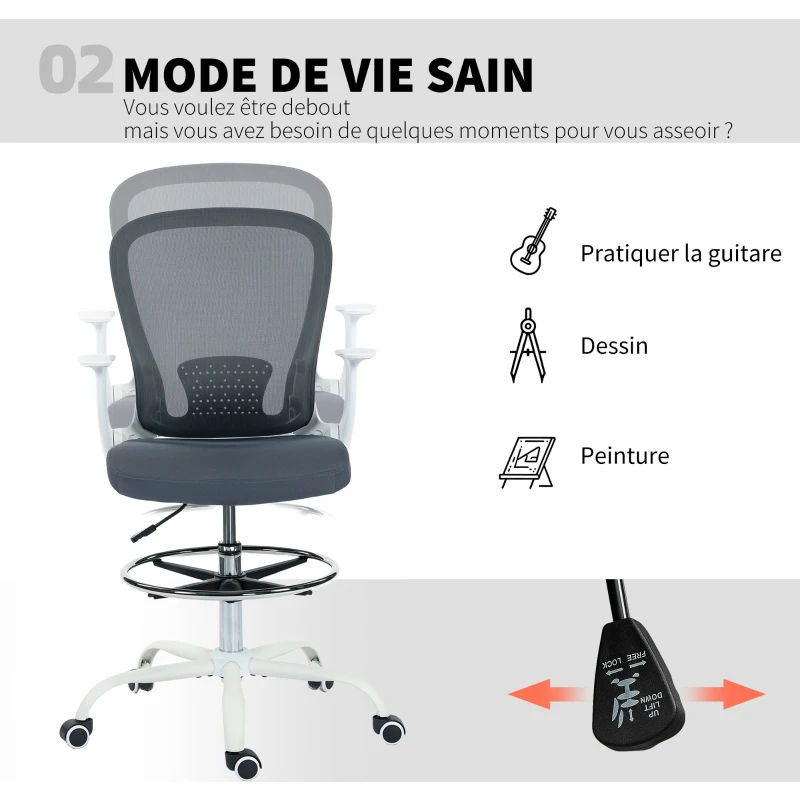 HOMCOM Chaise bureau ergonomique avec repose-pieds ajustable et accoudoirs relevables, hauteur réglable, 59x62x99-119cm, gris