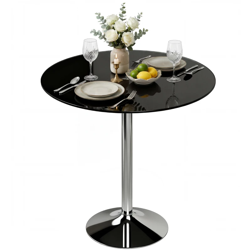 HOMCOM Round Bar Table, Modern Dining Table with Tempered Glass Top and Steel Frame for 4, 70 x 70 x 75.5cm, Black