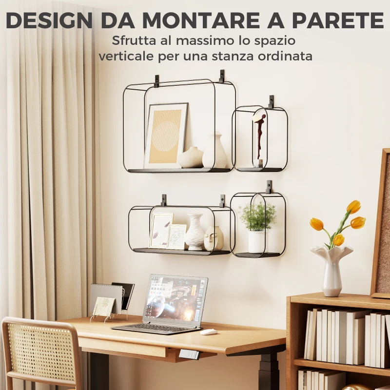 HOMCOM Mensole Flottanti Geometriche per Soggiorno, Set di 4 Pezzi, Nero