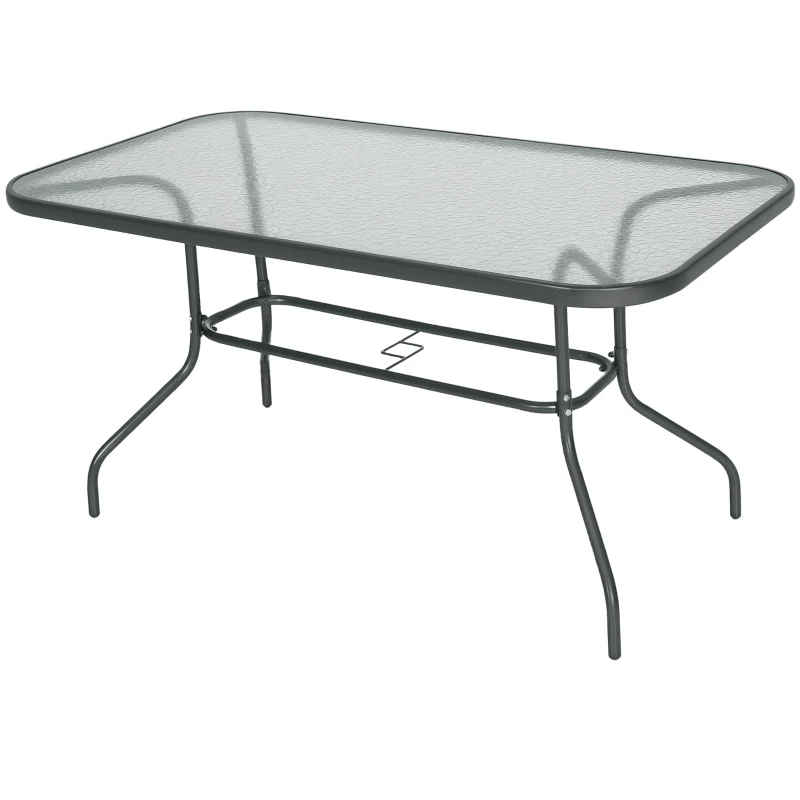 Outsunny Garden Dining Table Glass Top Metal Frame with Parasol Hole Outdoor Balcony Grey 140L x 80Wcm