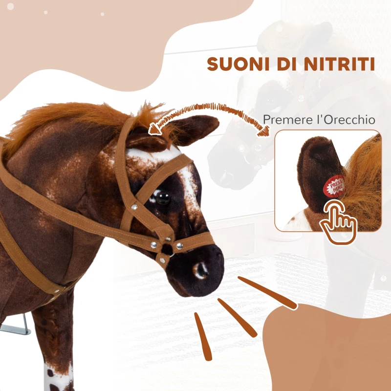 HOMCOM Cavallo a Dondolo per Bambini 2+ Anni con Nitrito, Sella e Staffe, in Peluche e Metallo, 85x28x60 cm, Marrone