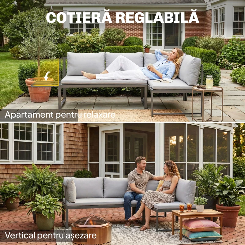 Outsunny Set Mobilier de Grădină 3 Piese cu Colțar 4 Locuri și Măsuță, Metal și Poliester Gri
