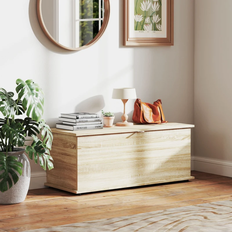 HOMCOM Coffre de rangement, banc de rangement avec couvercle rabattable et charnières de sécurité, 100 x 40 x 40 cm, naturel