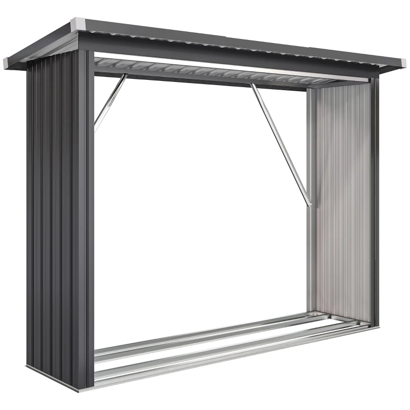 Outsunny Abri-bûches couvert support pour bois de chauffage plancher surélevé toit incliné, acier galvanisé 213x66,5x150cm gris