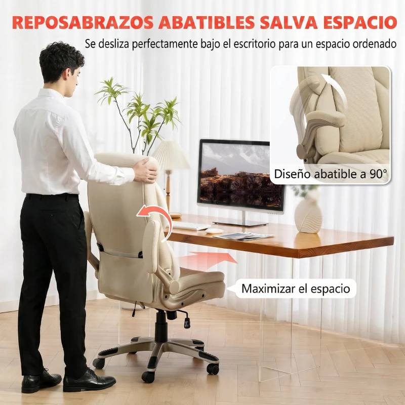 HOMCOM Silla de Oficina con Masaje Vibratorio de 4 Puntos Calor Lumbar Brazos Abatibles Respaldo Alto Altura Ajustable Crema