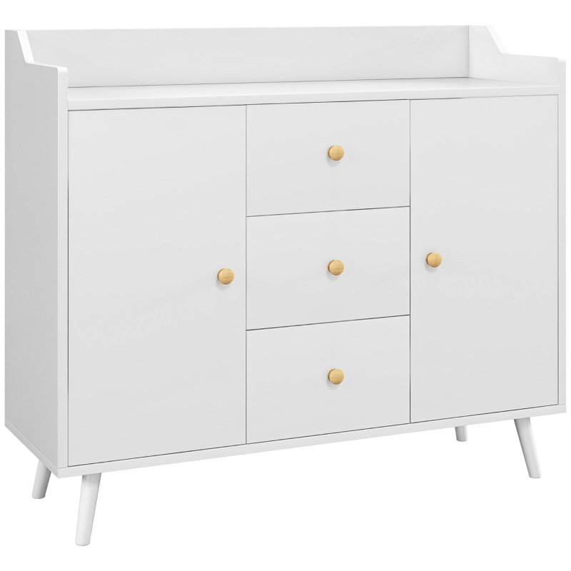 HOMCOM Buffet, meuble de rangement avec 2 portes, 3 tiroirs et pieds en bois massif, style moderne, 90 x 32 x 80 cm, blanc