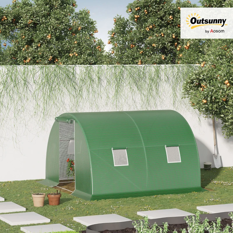 Outsunny Tunnel garden greenhouse 9 m² 4 windows, roll-up zippered door galvanized steel frame, PE cover 300 x 300 x 200 cm green