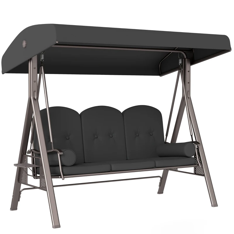 Outsunny 3 Seat Garden Swing Chair Steel Swing Bench w/ Cushions Cup Trays