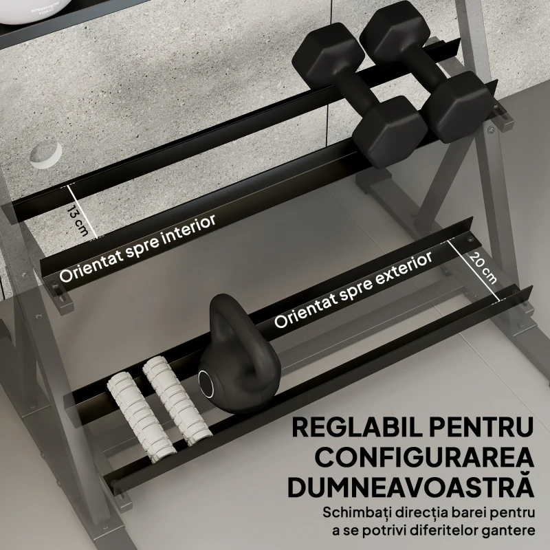 SPORTNOW Suport pentru Greutăți de Sală Acasă cu 3 Niveluri, Raft Reglabil din Oțel, Suport pentru Ganterele și Kettlebell-uri, Economisitor de Spațiu pentru Sală de Acasă, Capacitate 200 Kg, Negru