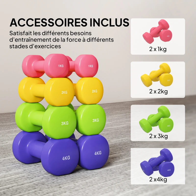 HOMCOM Ensemble d'haltères hexagonaux total 20 kg lot de 8 haltères courts de gym avec revêtement en polyuréthane multicolore