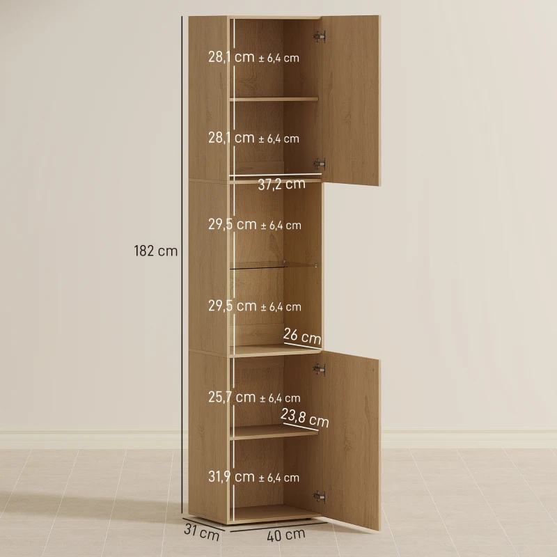 HOMCOM Armoire salle de bain haute, meuble de rangement colonne 6 niveaux 2 portes et étagères réglables, 40x31x182cm, chêne