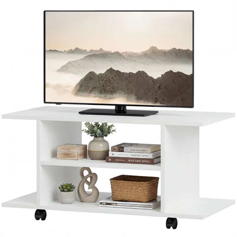 HOMCOM Mobile Porta TV Moderno con Ripiani, Ruote Girevoli e Freni, 80x40x40 cm, Bianco