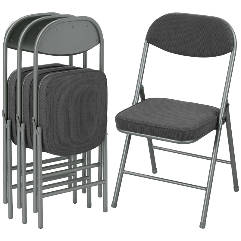 HOMCOM Set of Four Folding Corduroy Seat Chairs - Dark Grey