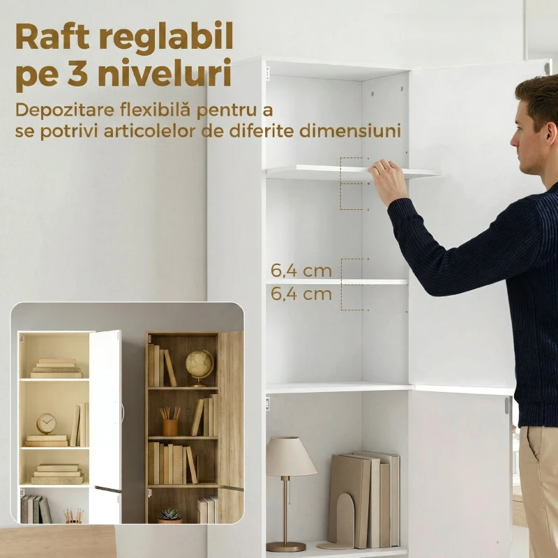 HOMCOM Bibliotecă Înaltă 180 cm, Raft Modern cu 5 Niveluri Reglabile, Mobilier Independent pentru Living, Dormitor, Birou, Alb