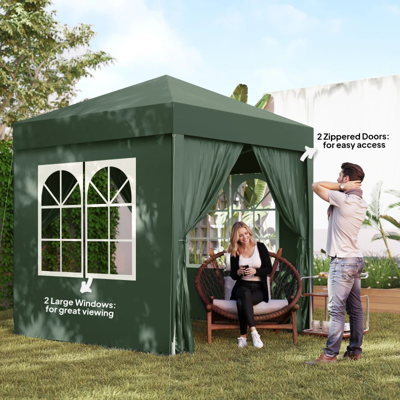 Outsunny 2 x 2m Pop Up Gazebo, w/Side Walls, Windows-Green(m-7)