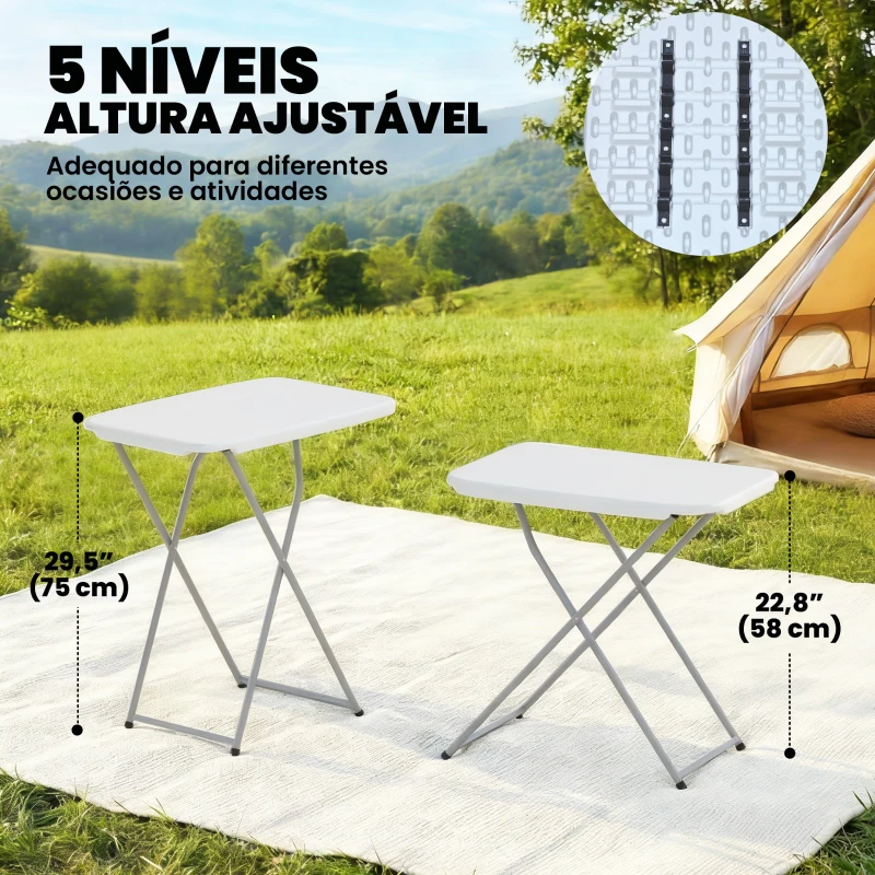 Outsunny Mesa Dobrável de Campismo 75x50x73,5 cm com Altura Ajustável em 5 Níveis com Bancada em HDPE e Estrutura Metálica Branco