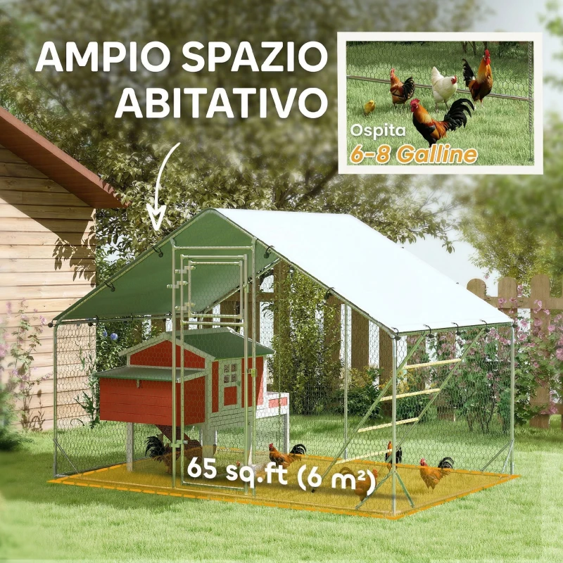 PawHut Recinto per Galline da 6m² per 6-8 Animali con Tetto Impermeabile, Mangiatoia e Posatoio, 3x2x1.9m, Argento