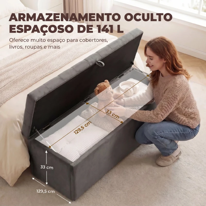 HOMCOM Puff de Armazenamento Banco de Armazenamento 141L 137x41x42 cm Estofado em Veludo Baú de Arrumação Capacidade 240 kg Cinzento