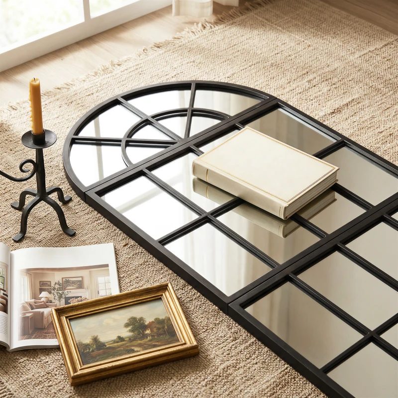 HOMCOM Large Arched Wall Mirror with Metal Grid, 3-Piece Split Window Mirrors, 120 x 54 cm, Black