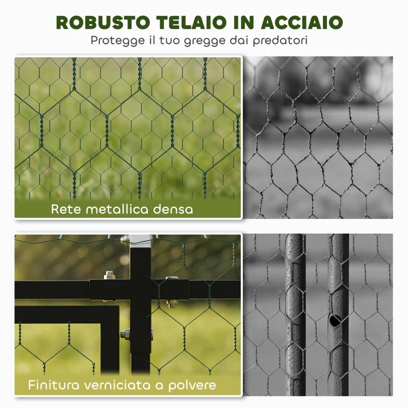 PawHut Pollaio per Galline da Esterno, 3x1x1m, in Acciaio Zincato con Tetto Impermeabile Anti-UV e Serratura