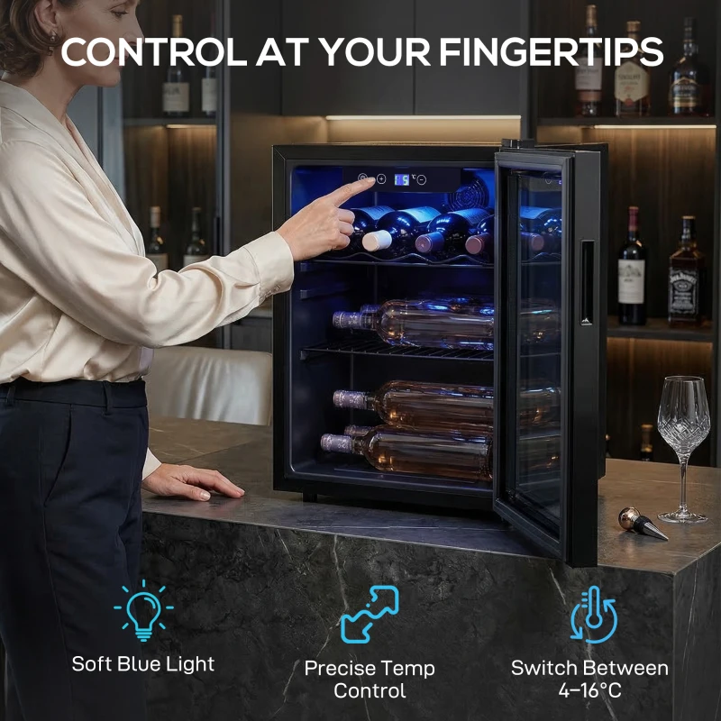 HOMCOM 16 Bottle Wine Cooler, 48 Litre Capacity, 4-16°C Under Counter Drinks Beer Wine Fridge with Glass Door, LED Light, Black