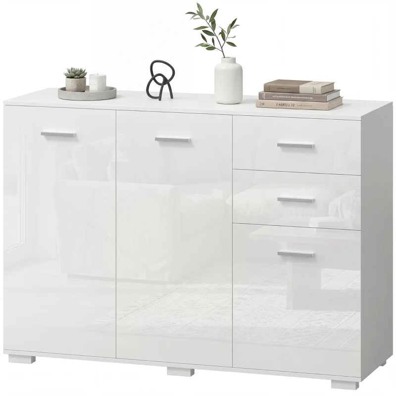 HOMCOM Sideboard, Modern Storage Cabinet with 2 Drawers, 3 Doors and Adjustable Shelves, High Gloss White