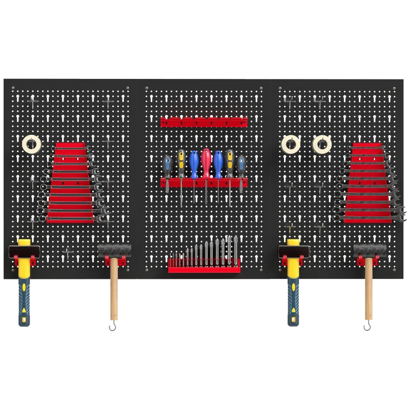 HOMCOM Set 3 Pannelli Porta Attrezzi da Parete in Acciaio con 9 Supporti e 16 Ganci, Nero e Rosso
