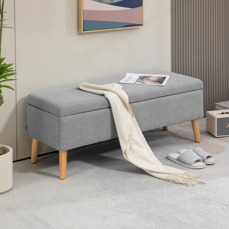 HOMCOM Banc coffre rangement rembourré aspect lin pour chambre à coucher, entrée, salon, charge 220 Kg, 110 x 39 x 45 cm, gris