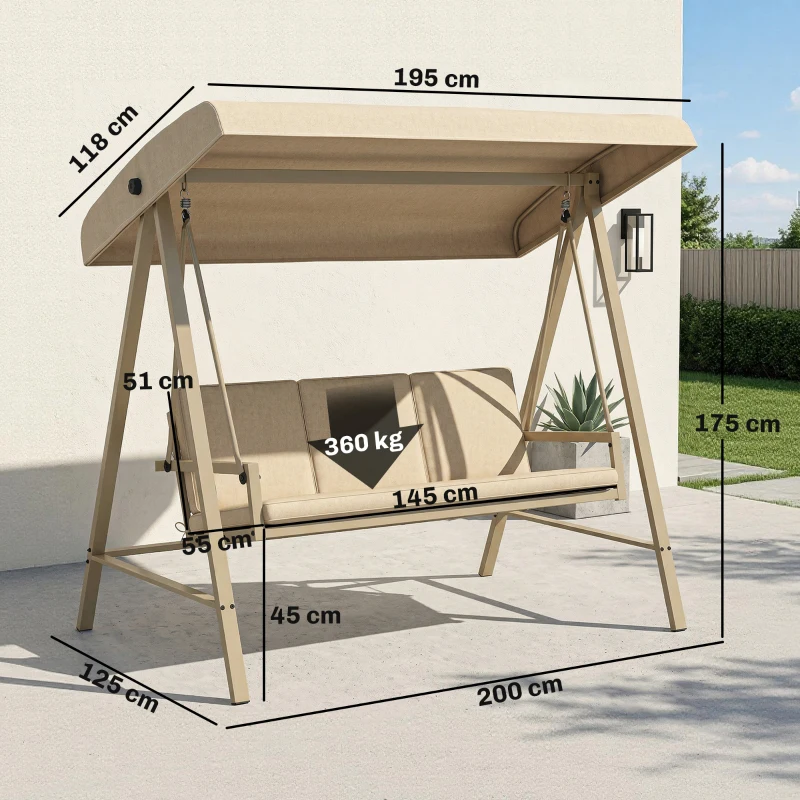 Outsunny Three-Seat Garden Swing Chair, with Adjustable Canopy - Beige