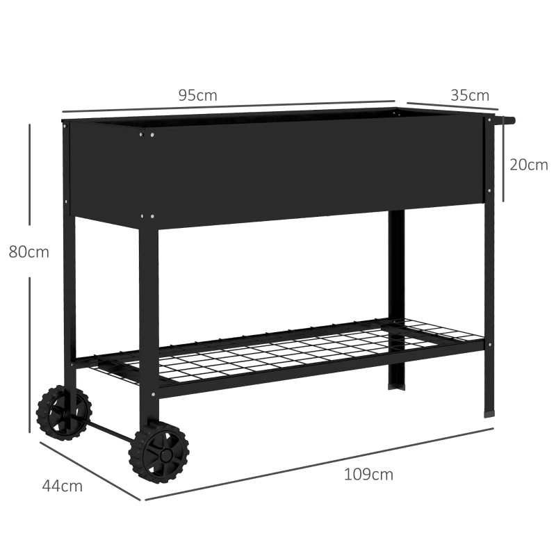 Outsunny Raised Garden Planter on Legs dim. 109L x 39l x 80H cm Shelf 2 Wheels + Irrigation Insert Metal Black