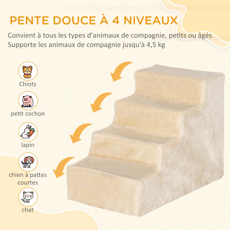 PawHut Escalier pour chien à 4 marches escalier pour chat échelle antidérapante housse amovible et lavable 60 x 35 x 44cm beige
