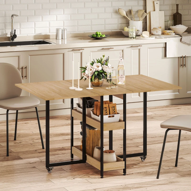 HOMCOM Table à manger pliante sur roulettes 4 personnes avec compartiments ouverts, pour petits espaces, salle à manger, chêne