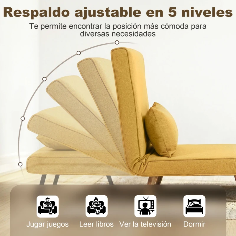HOMCOM Sofá Cama Individual Plegable con Respaldo Ajustable 5 Posiciones Sillón Cama Tapizado con Cojín 72x75x85 cm Amarillo
