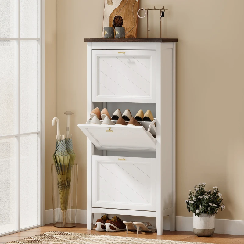 HOMCOM Shoe Cabinet with 3 Flip Drawers, Farmhouse Narrow Shoe Storage Cabinet with Adjustable Shelves, White