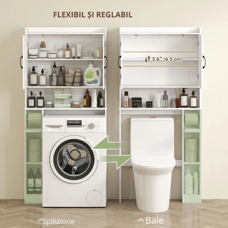 HOMCOM Mobilier WC deasupra toaletei mobilier baie cu dulap cu două uși și suport pentru hârtie 80x19,5x170cm alb