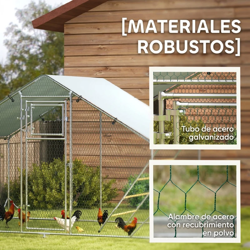 PawHut Gallinero Metálico de Exterior de 3x2m con Percha Multiusos Comedero Colgante Tipo Brocheta y Lona Protectora Resistente