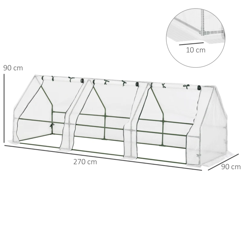 Outsunny Mini Garden Greenhouse mini tunnel greenhouse 270L x 90l x 90H cm pointed roof Steel PE High-density 140 g/m² UV-resistant roll-up windows with Zip White
