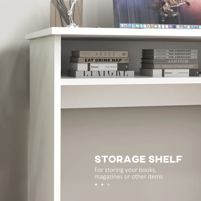 HOMCOM Home Office Furniture Set, Modern Computer Desk with Storage Shelf and Ergonomic Mesh Chair with Flip-Up Arms, Lumbar Support, Adjustable Height, Swivel Wheels, White and Grey